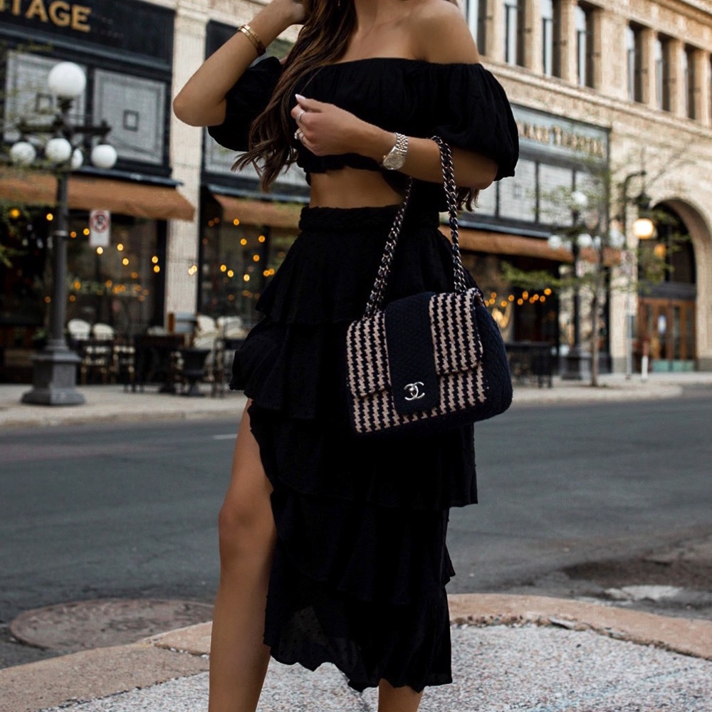 Revolve Majorelle 2 piece set crop top off shoulder boho top and long skirt xxs